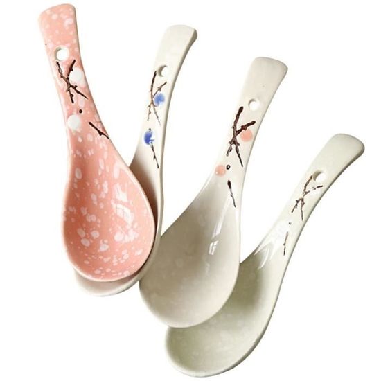 Lot De 5 Cuillères En Céramique - Modèles Asiatiques Rétro - Pour Ramen, Pho, Soupes - Coloris Assortis - 13