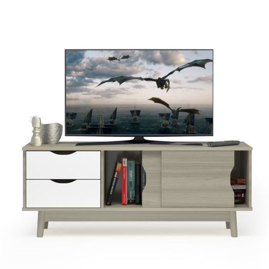 Meuble TV HOMCOM 120 Cm - Bois Naturel - 2 Placards + Tiroir + étagère Ouverte - Pour TV Jusqu'à 50 Pouces