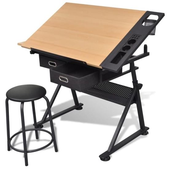 177[Modern Design] Table à dessin inclinable 2 tiroirs et tabouret FR,118 x 62 x 68,5 -106 cm -Haut de gamme MEUBLES PRO