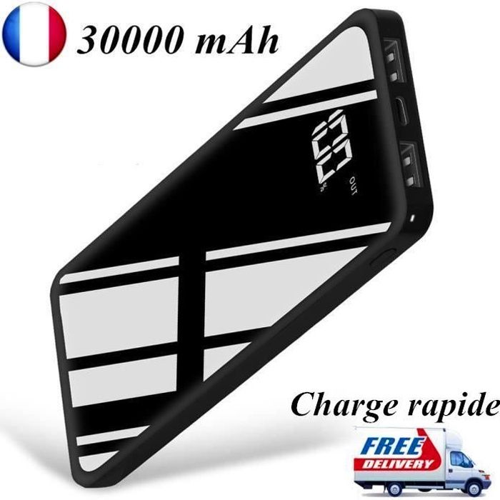 RUILIN®30000mAh Miroir batterie externe élégant LCD charge rapide 2USB de puissance mobile pour tous les téléphones mobiles-Noir