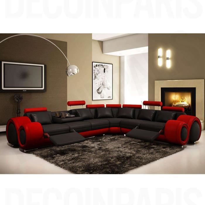 Canapé d'angle cuir noir et rouge + positions relax OSLO (droit)