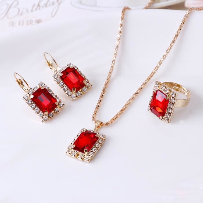 Coffret Bijoux Femme - Cristal Rouge Vintage - Collier Bague Boucles d'oreilles - Cadeau pour Femme Maman Grand-mère