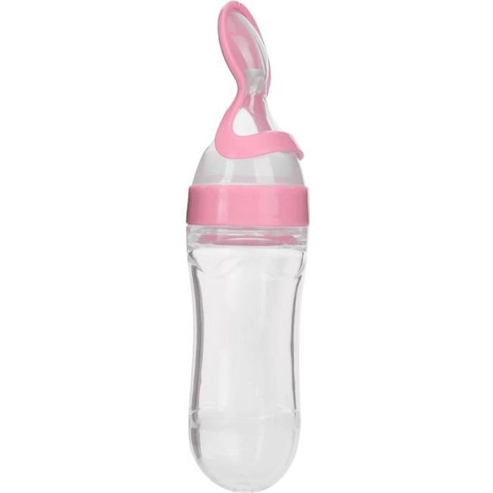 Biberon en silicone de 90 ml pour bébé en bas âge avec cuillère mangeoire à céréales pour aliments frais (rose) -NIM