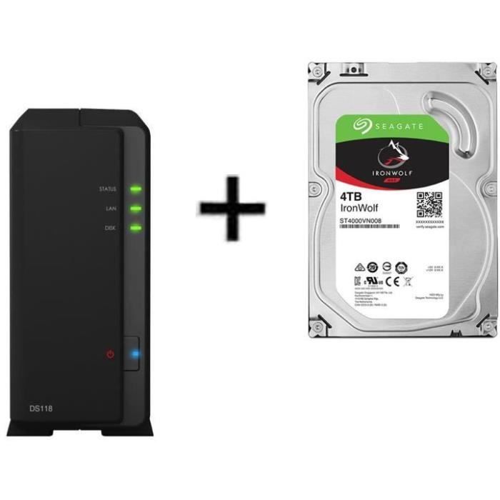 Serveur Stockage (NAS) - DS118 - 1 Baie + Disque dur Interne - NAS Iron Wolf - 4To - 5 900 tr/min - 3.5- (ST4000VN008)