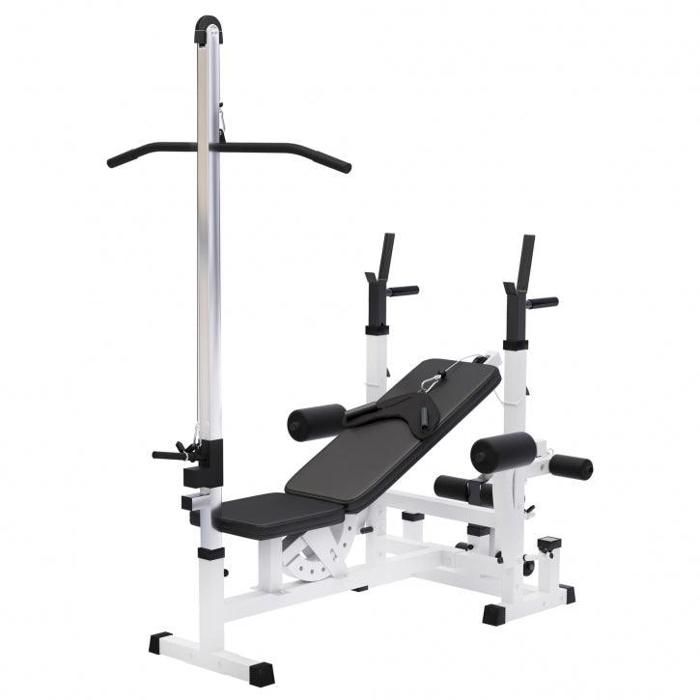 Gorilla Sports - Banc de musculation universel avec support pour haltères et Option poulie Blanc Et Noir