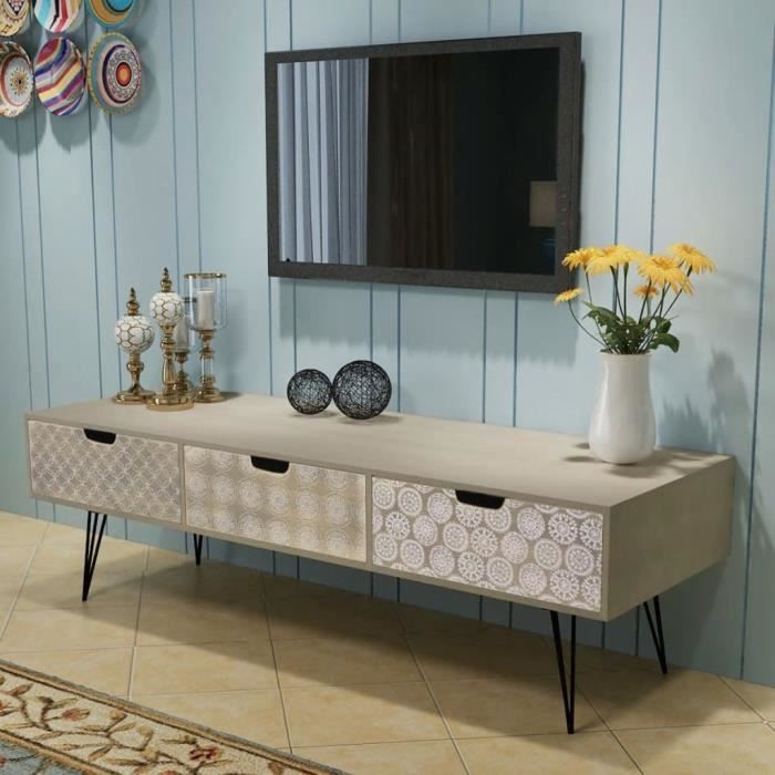 Meuble TV avec 3 Tiroirs Table Basse en Bois Scandinave Design Style simple