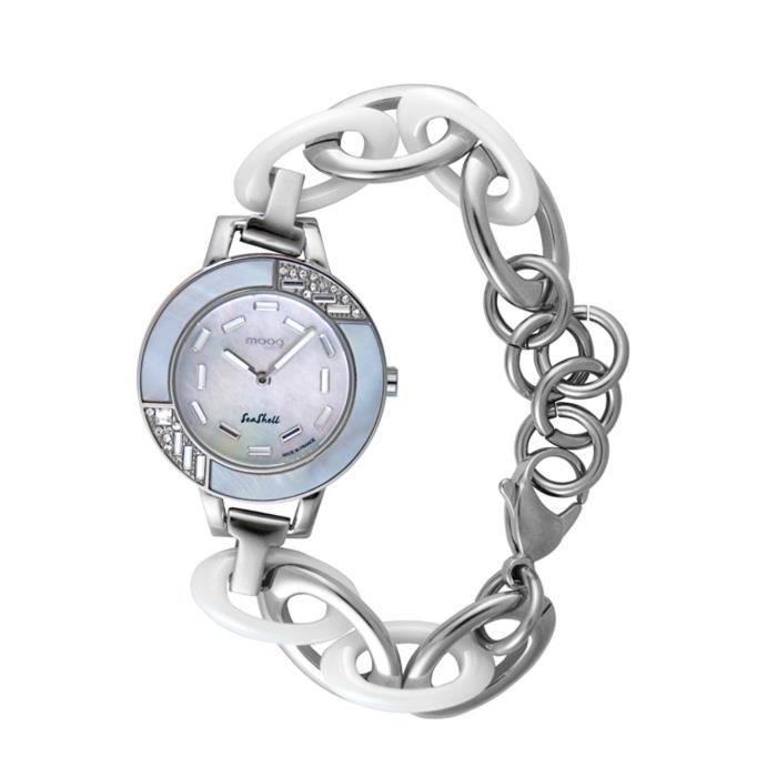 Montre Femme Moog Paris Seashell avec Cadran Blanc, Eléments Swarovski, Bracelet Argenté en Acier Inoxydable et Céramique - M4507...