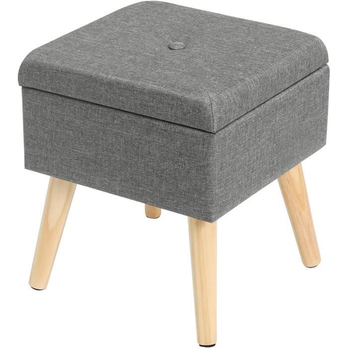 WOLTU Tabouret Pouf Coffre de rangement pliable,Siège rembourré en lin, Pieds en bois, Couvercle amovible,32x32x36.5cm, Gris foncé
