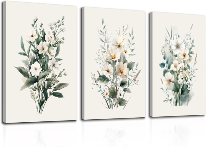 Lot De 3 Tableaux Toile Aquarelle Fleurs Sauvages - Déco Murale Botanique 40.6x61 Cm - Sans Cadre