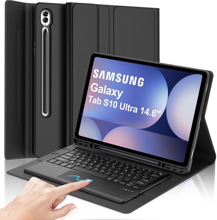 Clavier Samsung Galaxy Tab S10 Ultra 14.6 avec Pavé Tactile Français AZERTY Coque Clavier Touchpad Détachable Bluetooth Noir