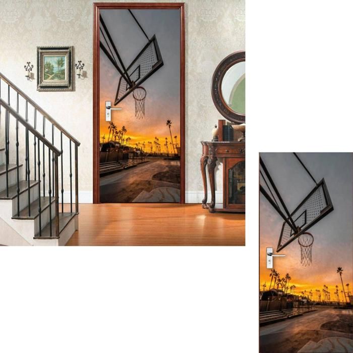 PORTE PHOTO Sticker Porte Basket-Ball Papier Peint Porte Paysage 3D Stickers de Porte Trompe lOeil Autocollant de Décoration Mural