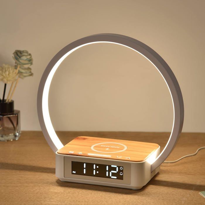 Lampe De Chevet 10W Avec Commande Tactile À Intensité Variable Lampe De Table Avec Réveil Chargeur Sans Fil Et Lampe À 3 Niveaux
