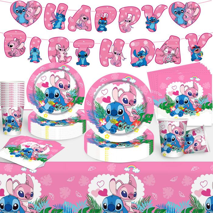 Décorations D'anniversaire Stich Et Rose - Fournitures De Fête Rose - Lot Neuf
