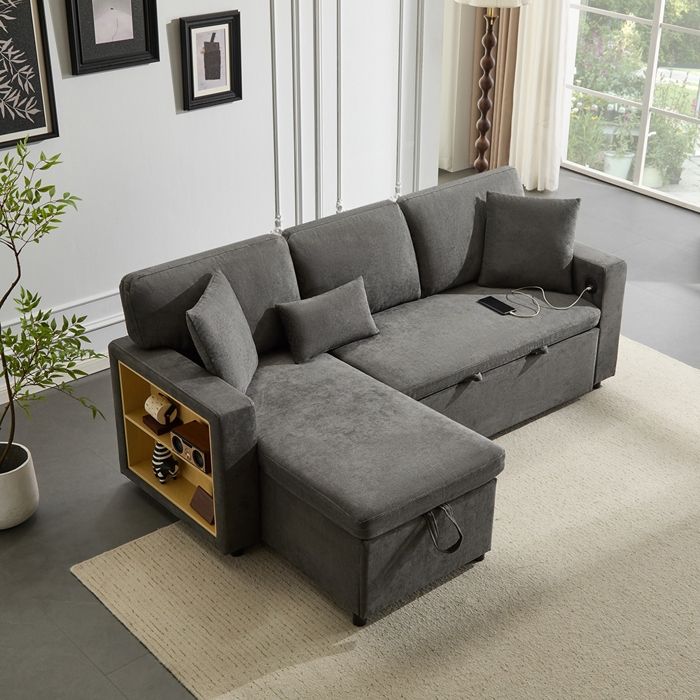 Canapé Convertible Canapé dangle en L avec coffre de rangement et étagère intégrée Gris foncé Canapé Convertible Canapé dangle en L avec coffre de rangement et étagère intégrée Gris foncé