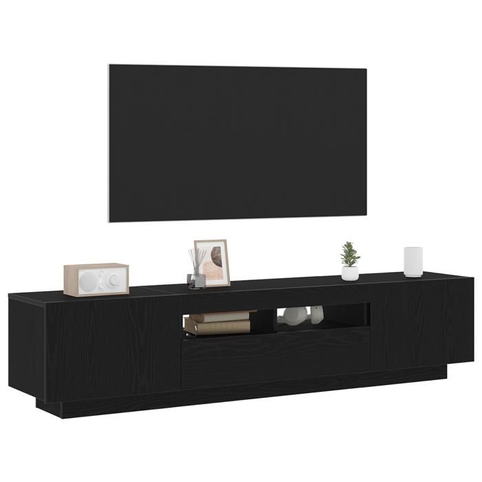 Noir Meuble TV - SOLOMON - Table de Télévision avec des lumières LED en chêne noir de 180x35x40 cm en bois dingénierie LV619