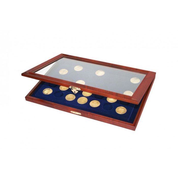 Vitrine de Collection en Bois Massif pour pièces et médailles, présentoir numismatique Artisanal avec Plateaux en Velours et Support inclinable 45