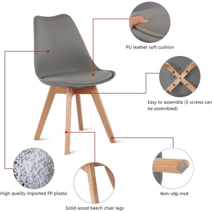 Lot de 2 Chaises design contemporain nordique scandinave - pieds en bois de hetre massif - Gris Lot de 2 Chaises design contemporain nordique scandinave - pieds en bois de hetre massif - Gris