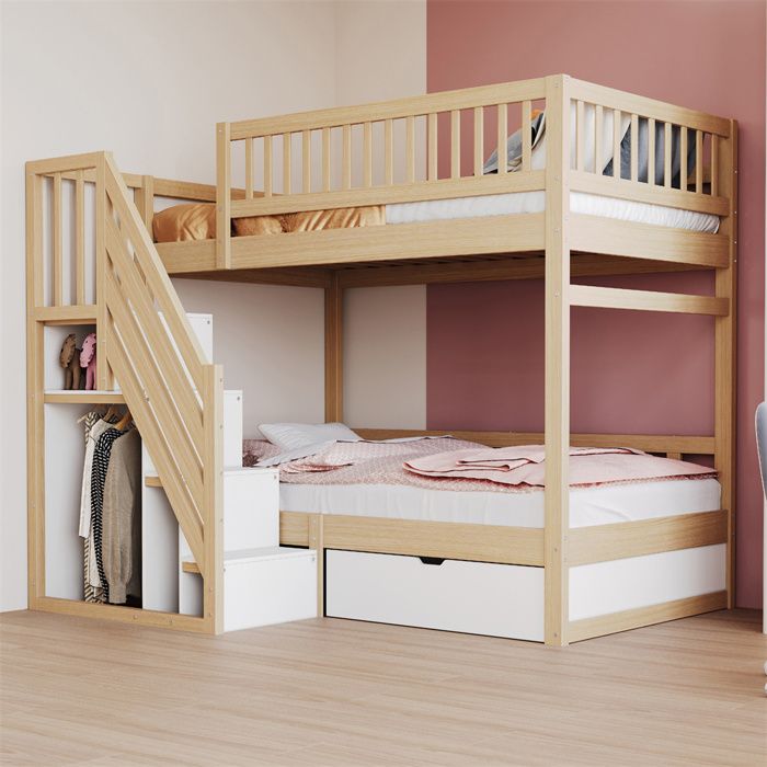 Lit superposé enfant - 90x200 Pin massif - Échelle avec rangement - Tiroir de rangement - Sommier à lattes