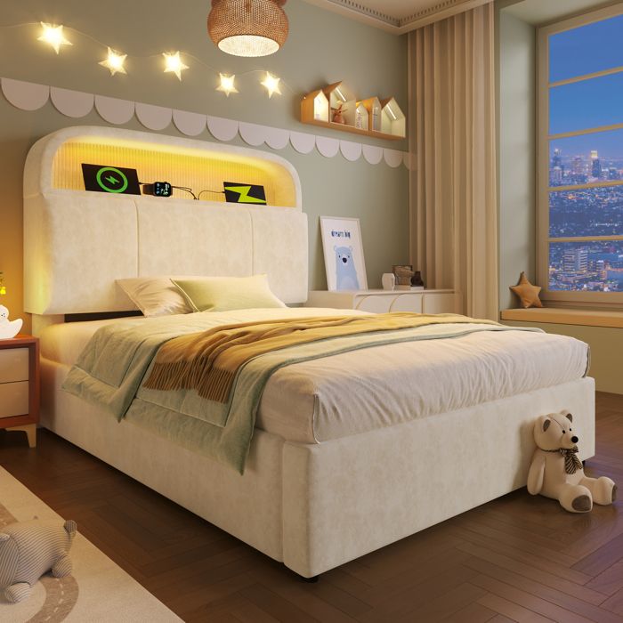 Lit coffre rembourré 90x200cm - Avec LED - Ports USB et Type-C - Avec tête de lit réglable - Velours - Beige (sans matelas) Lit coffre rembourré 90x200cm - Avec LED - Ports USB et Type-C - Avec tête de lit réglable - Velours - Beige (sans matelas)