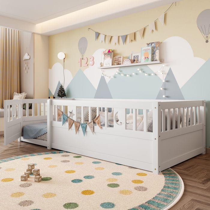 "Lit à panneaux, 90 x 190 cm, lit d'enfant avec grille, décoration étoile et lune, sans matelas, style minimaliste, blanc "