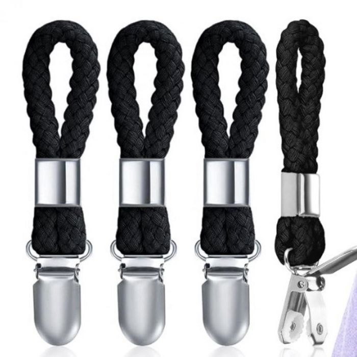 4 pinces à serviettes coton tressé - Boucle suspension portable noir