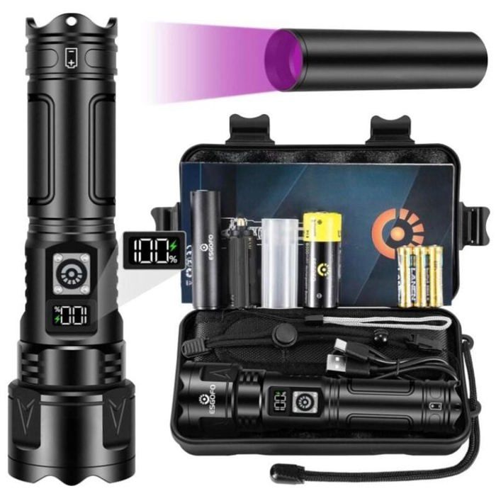 Lampe Torche LED Ultra Puissante 100000 Lumen Lampe de Poche Rechargeable USB C Multifonction Longue Portée Tactique Torches Zoom
