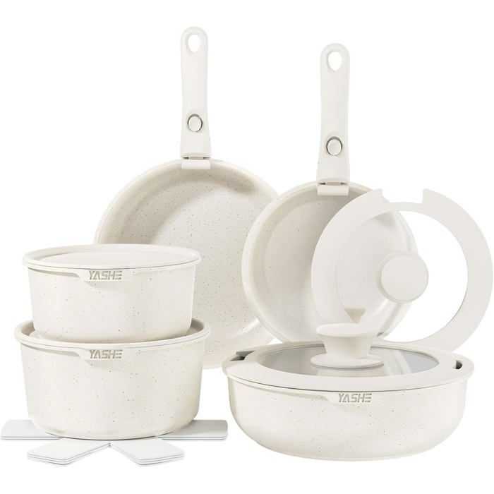 Batterie de cuisine YASHE 15 pièces poêles et casseroles antiadhésives effet granit  compatibles induction et gaz.