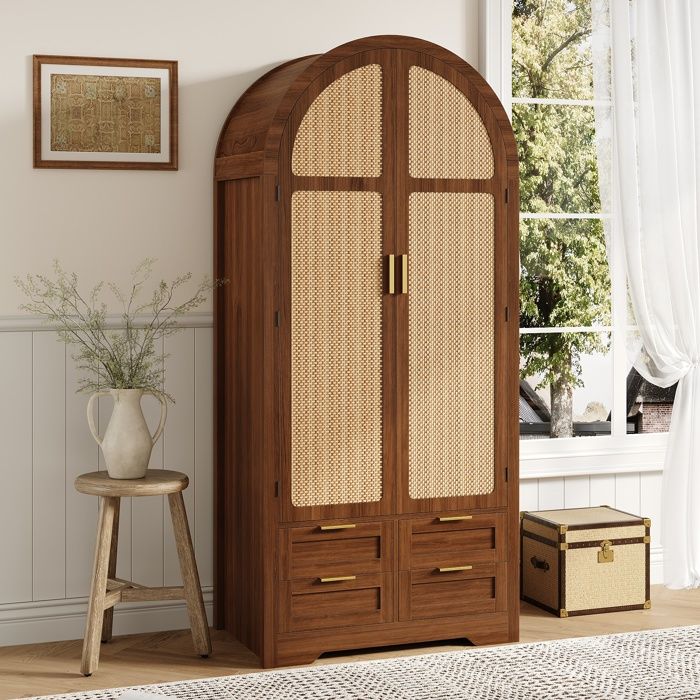 Armoire moderne en rotin - MODERNLUXE - 80x50x179 cm - 2 portes cintrées - 4 tiroirs - Tringle à vêtements - MDF - Marron Armoire moderne en rotin - MODERNLUXE - 80x50x179 cm - 2 portes cintrées - 4 tiroirs - Tringle à vêtements - MDF - Marron