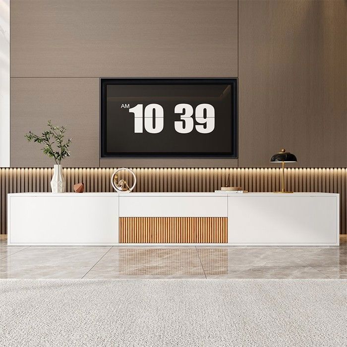 Meuble TV bas 180 x 34 x 30 cm design color block blanc/bois support projecteur coulissant pose au sol ou murale