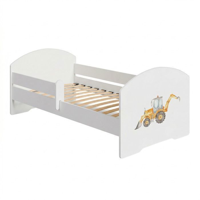 Lit enfant LUK 70x140 cm pour garçon avec sommier et barrière de sécurité – lit enfant motif pelleteuse