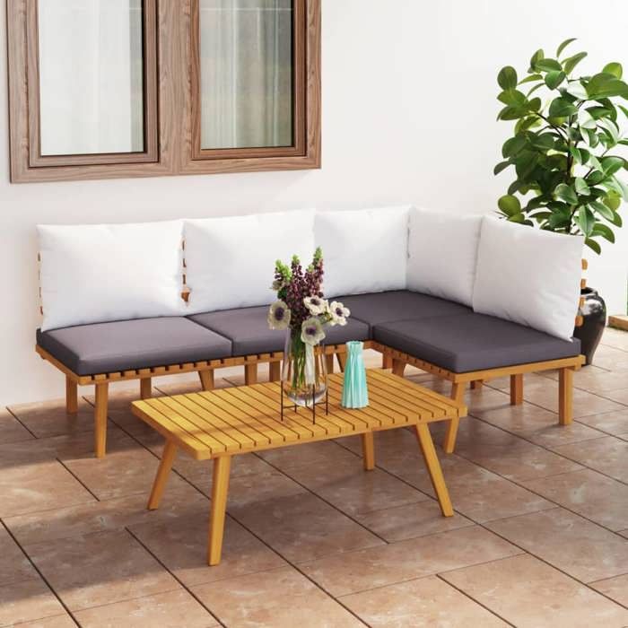 NEW 2026 Salon de jardin lot de 5 Meuble pour 4 personnes avec coussins Bois dacacia solide 90x55x35 cm S1192
