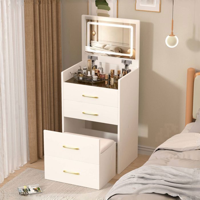 Coiffeuse 3-en-1 60x40x118 cm avec Miroir Rabattable Plateau en Verre 3 Tiroirs et Tabouret - Blanc