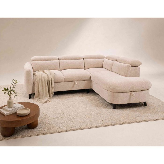 Opaline - Canapé dangle droit 5 places convertible avec têtières et coffre en tissu texturé - Beige