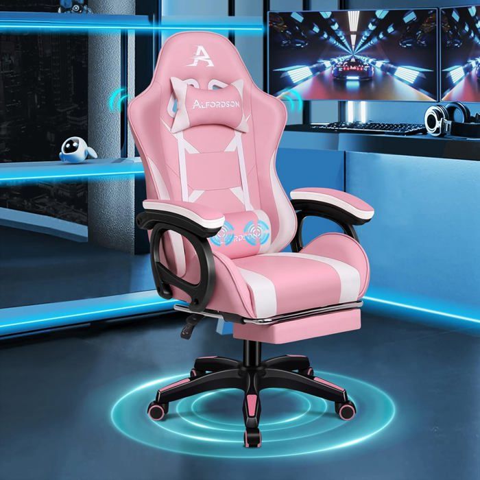 Chaise Gaming Fauteuil GamerChaise de Bureau Ergonomique avec Massant 2 PointsRepose PiedRéglable Appui-tête Support Lombaire.