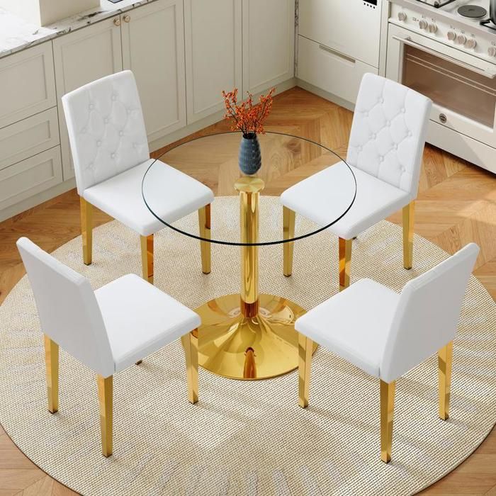 Table à manger avec 4 chaises modernes blanches et dorées Ensemble de salle à manger ronde en verre de 85 cm de diamètre