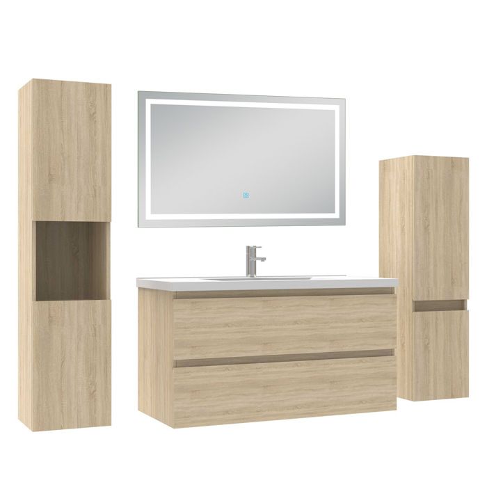 AICA Meuble de salle de bain 99 cm chêne mat avec Lavabo 2 Colonnes + Miroir LED blanc 6000K dimmable - fonction mémoire AICA Meuble de salle de bain 99 cm chêne mat avec Lavabo 2 Colonnes + Miroir LED blanc 6000K dimmable - fonction mémoire