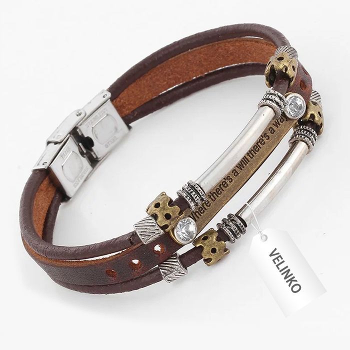 Bracelet - VELINKO - 20 cm - Marron - Cuir de vachette pleine fleur - Style punk - Rétro euro-américain / Artistique - Unisexe