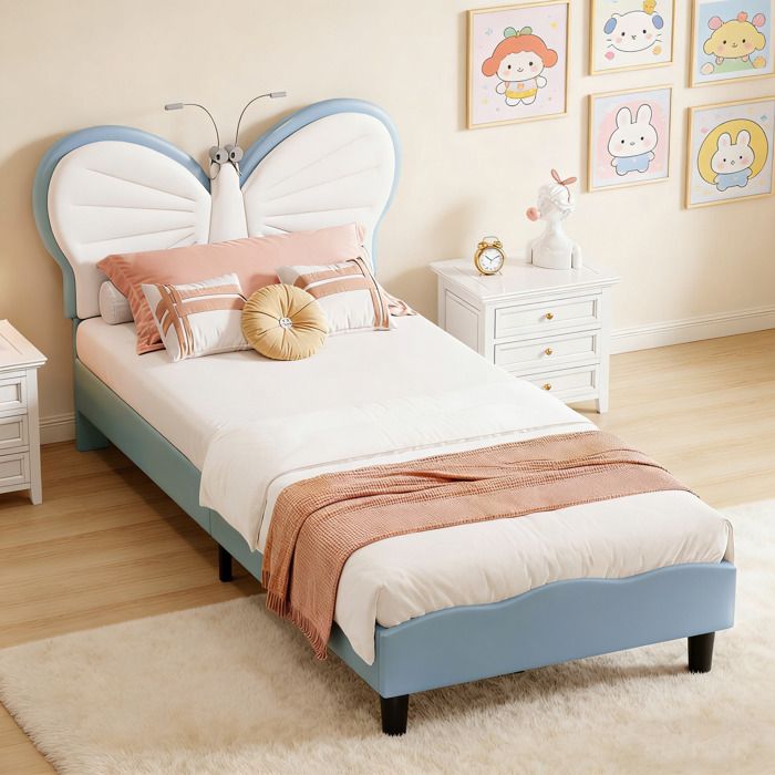 Lit Enfant 90x190 Capitonné Forme Papillon - Tête de lit Réglable avec LED- Cadre de Lit 1 Place avec Sommier -Tissu Velours - Bleu