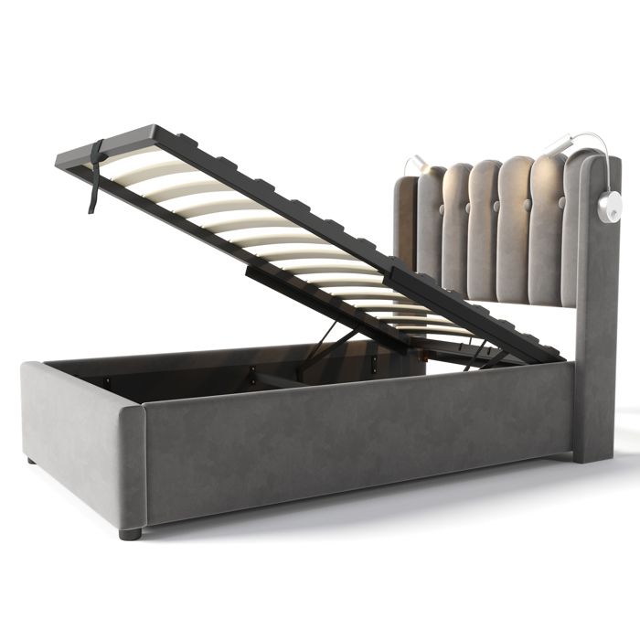 Lit rembourré simple - WF312934AAG - Velours gris - Sommier lattes avec coffre relevable - Lampe lecture + USB