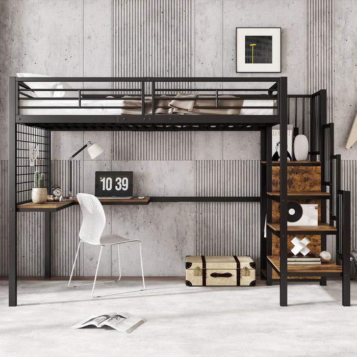 Lit Superposé/Lit Mezzanine avec Bureau et Armoire Fer+Aggloméré Noir+Bois Foncé Échelle Latérale Main Courante 90x200cm