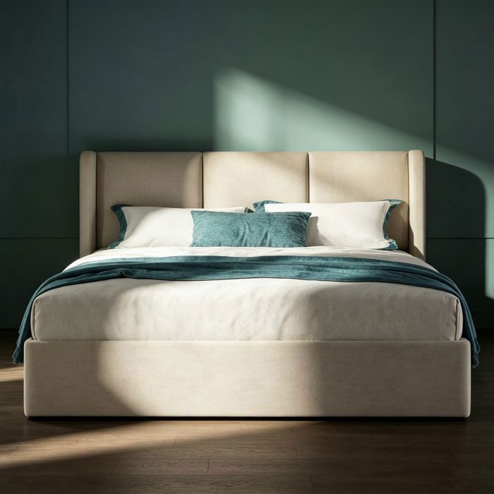 Lit coffre 160x200 cm avec sommier à lattes cadre de lit 160x200 lampes de lecture et ports USB tissu en lin beige