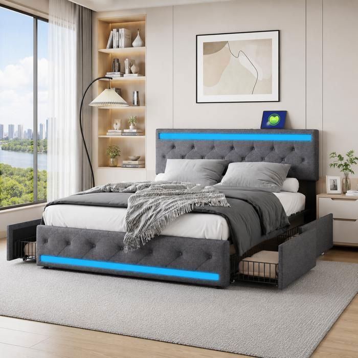 Lit rembourré 140x200cm avec 4 tiroirs lit Double avec éclairage LED tête de lit à Chargement USB sommier à Lattes Lin Gris
