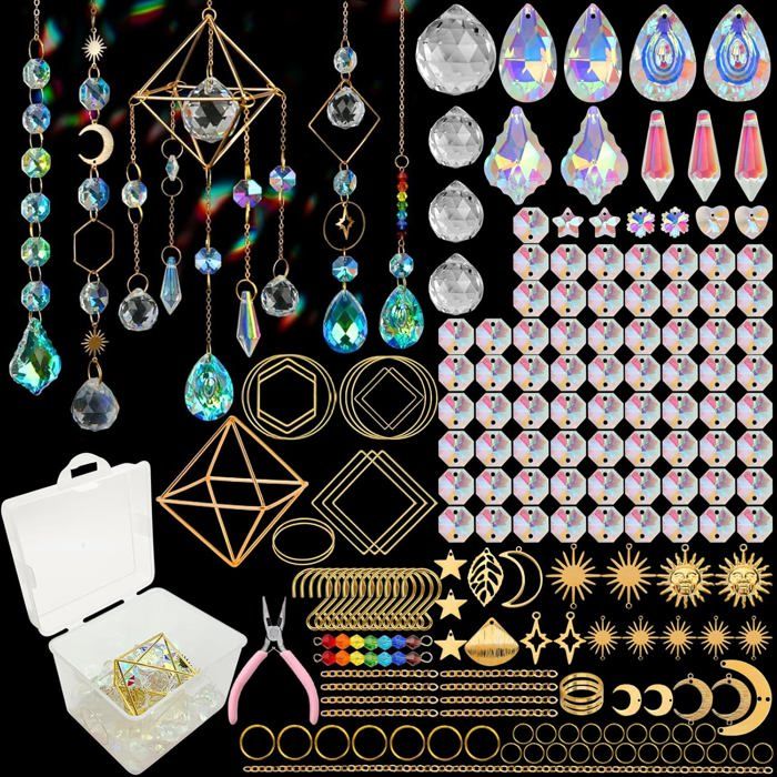 400 Pièces Kit Attrape-Soleil DIY Pendentifs Cristal à Suspendre pour décoration fenêtre et jardin avec crochets. - - 400pc/Gold