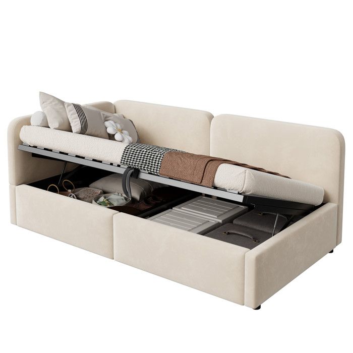 VLIVRA Lit Banquette Lit Simple Coffre Tête Réversible et Dossier Haut 90×200 cm sans Matelas en Velours Beige