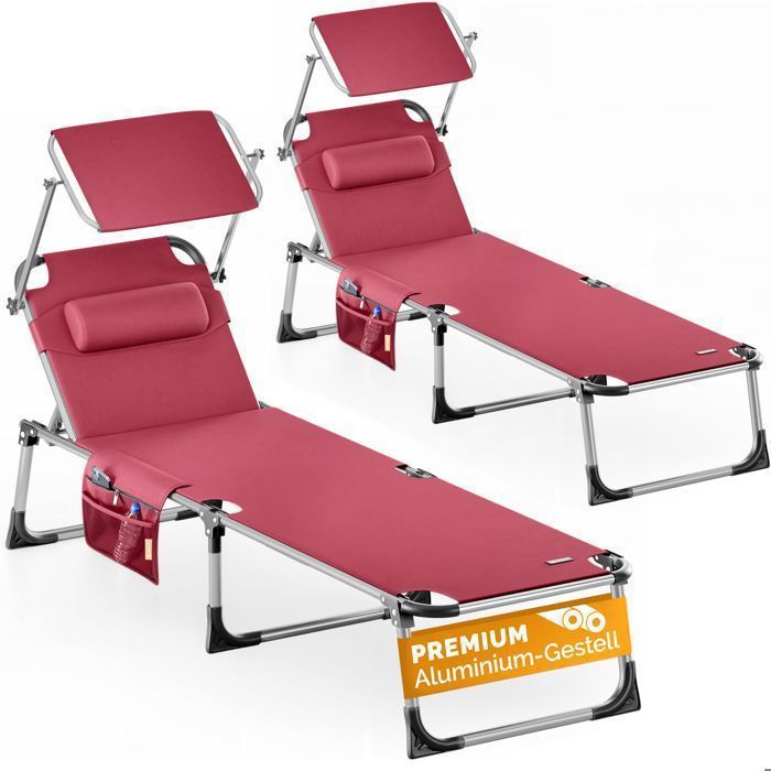 CASARIA® Lot de 2 Transats Pliables avec Pare-Soleil Chaises Longues de Jardin Bain de Soleil charge max 180 kg - Rouge