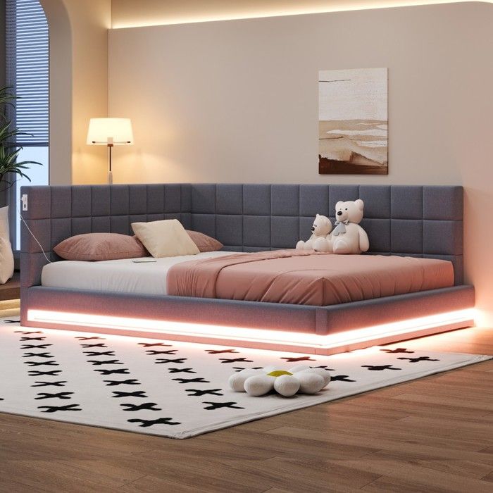 Lit canapé capitonné - Zephmum - 160x200 multifonction LED USB lattes lin gris