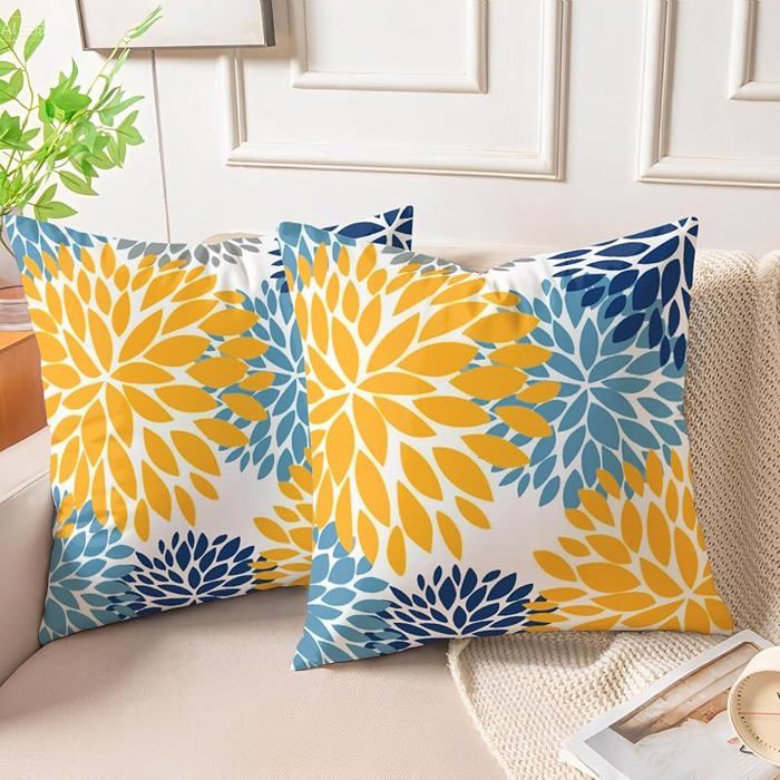 Miuyunya Lot de 2 Housse Coussin Bleu 40x40 Jaune Housses de Coussin Velours Canapé Décoratif Moderne Dahlia 40 x 40 cm (Lot de 2)