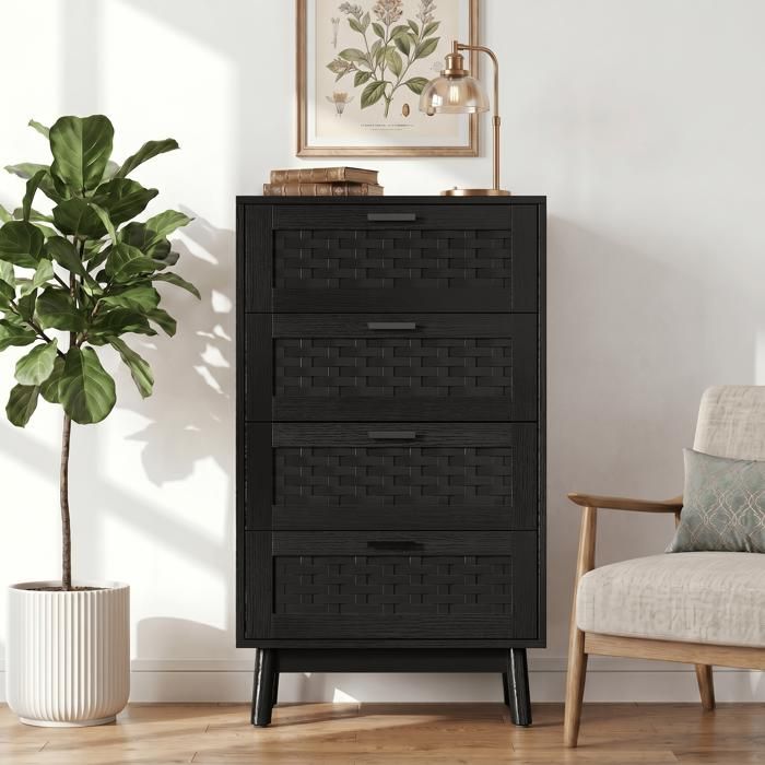 Chiffonnier avec 4 tiroirs en rotin Commode haute - Style scandinave - Commode étroite pour chambre Commode Noir 55x40x95 cm