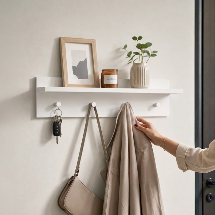 Portemanteau mural - THE WHITE STONE - Modèle 80×15×23 cm - 4 patères - Étagère 5 kg - Blanc mat gain de place