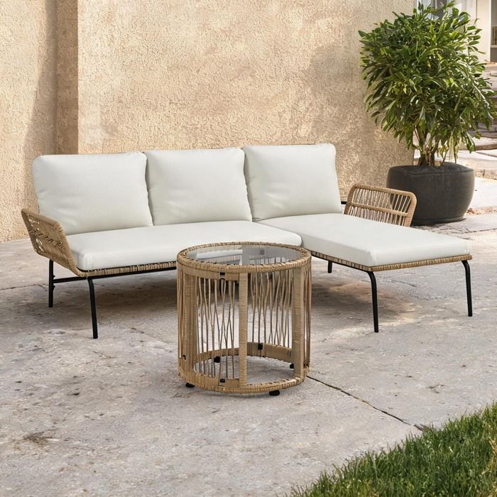 Ensemble de jardin 3 pièces en rotin crème: méridienne canapé 2 places et table basse en verre
